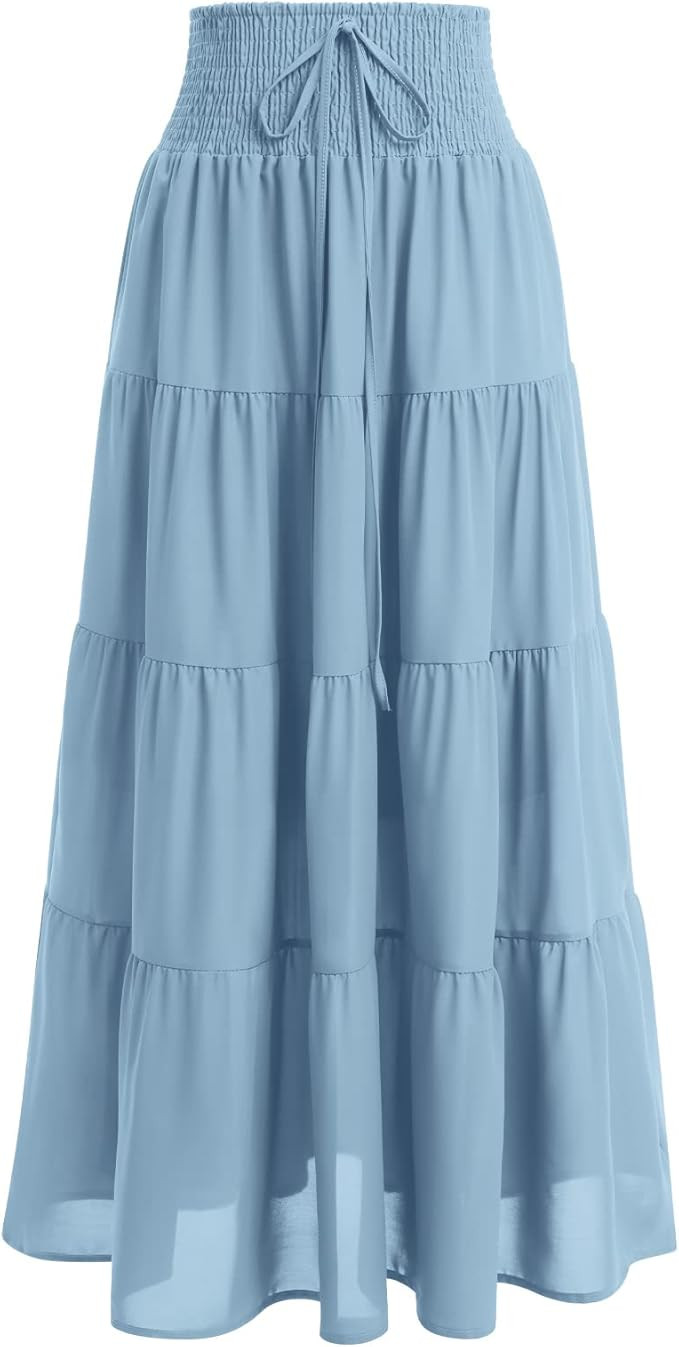 IWEMEK Women Boho Elastic Waist A Line Ruffle Beach Convertible Maxi Skirt Dress Tired Pleated Dr... | Amazon (US)