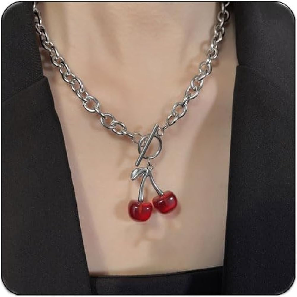 Cherry Charm Necklace for Women Cute Cherry Choker Necklace Chunky Chain Collars Necklace Stainle... | Amazon (US)