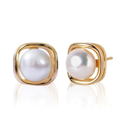 Freshwater Cultured Pearl Earrings for Women, AAA+Quality Handpicked Pearl Stud Earrings 8mm-9mm Pearl, Hypoallergenic Earrings,Square Design | Amazon (US)