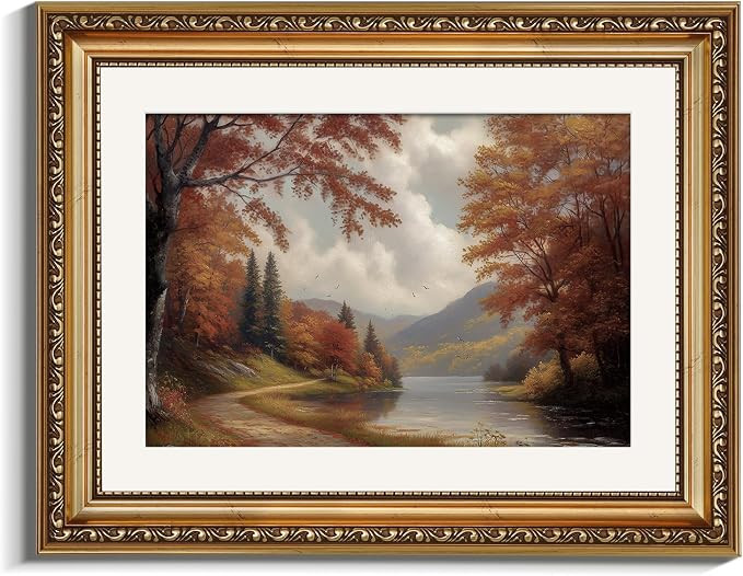 VIYYIEA Gold Framed Canvas Wall Art, Fall Lake Scene Art Prints, Classic Autumn Landscape Decor f... | Amazon (US)