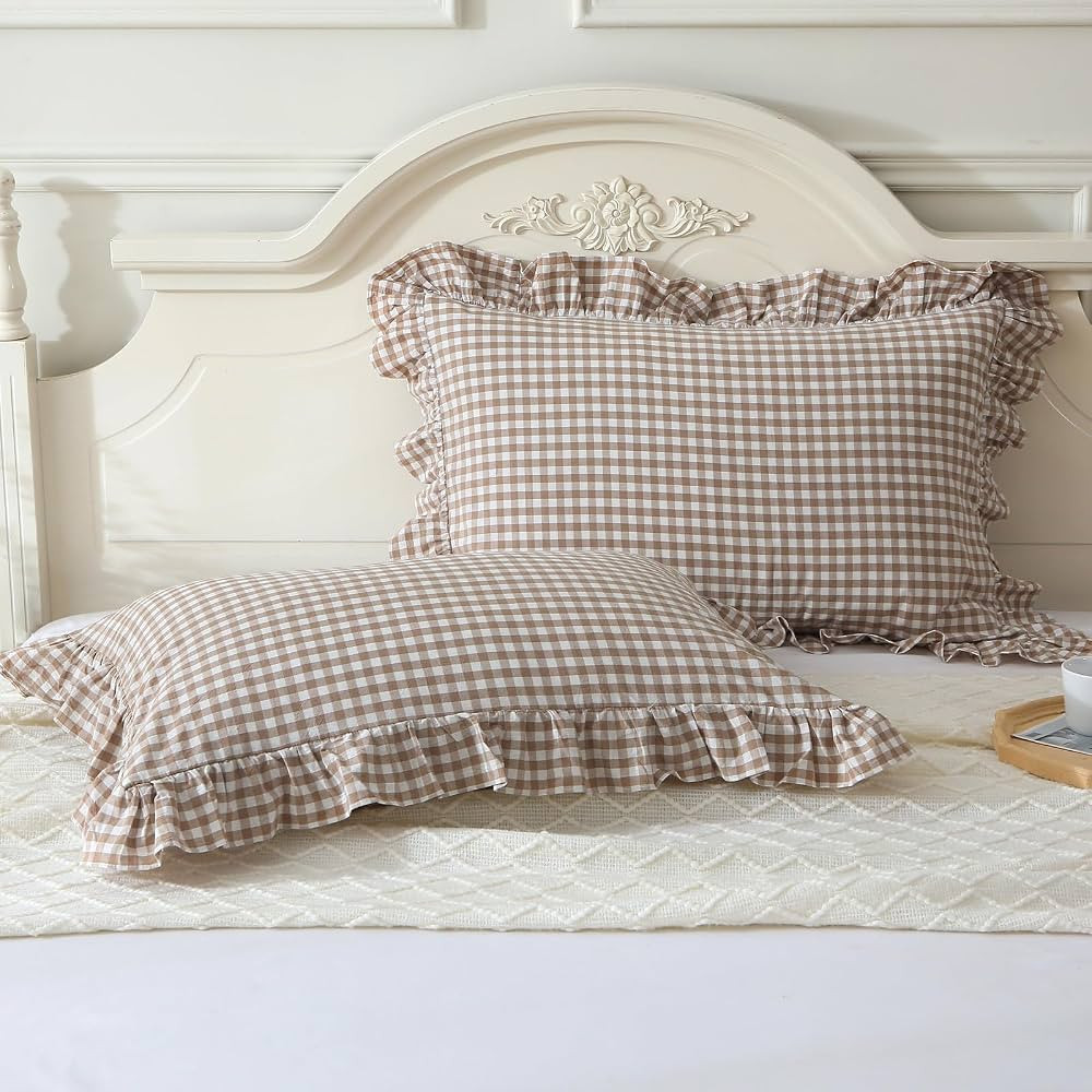 Taupe/White Plaid Ruffle Pillow Shams King Size Set of 2,Shabby Checkered Washed Cotton Farmhouse... | Amazon (US)