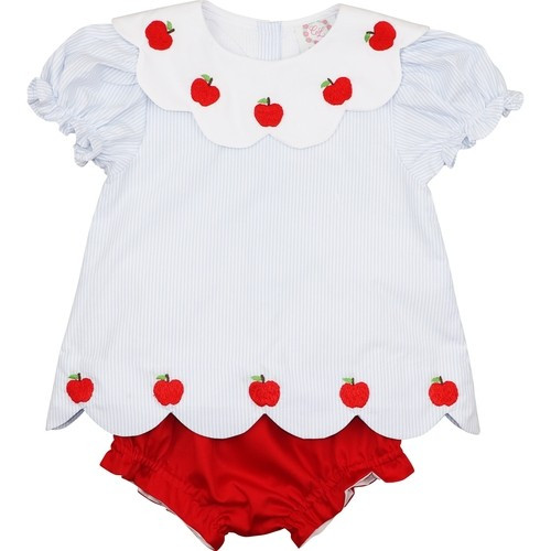Blue Mini Stripe Embroidered Apples Diaper Set - Shipping Late July | Cecil and Lou