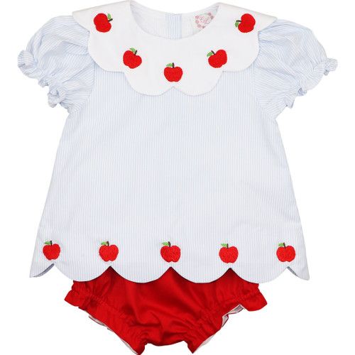 Blue Mini Stripe Embroidered Apples Diaper Set - Shipping Late July | Cecil and Lou