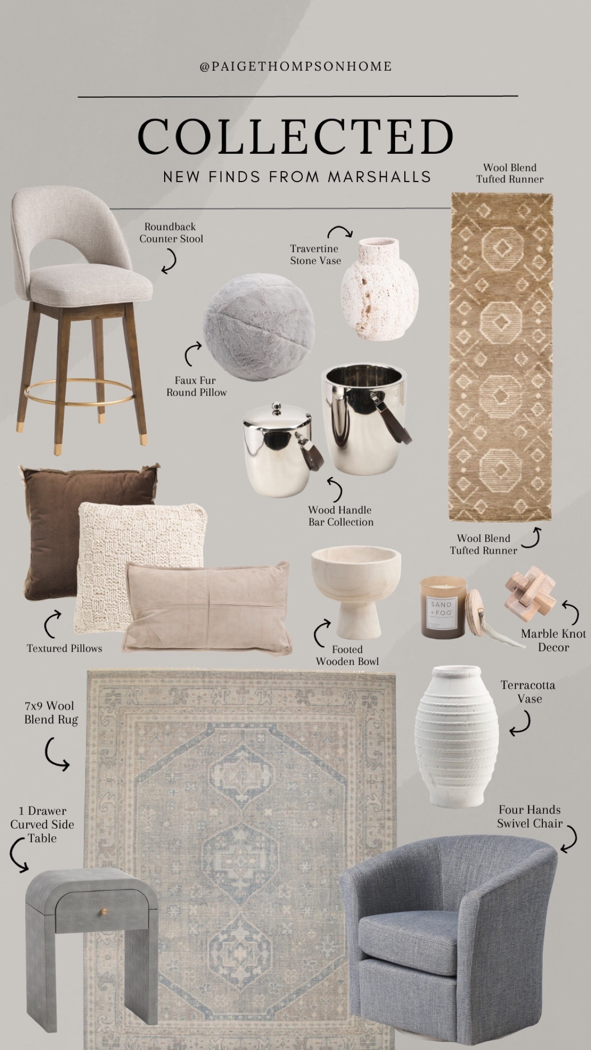Collected// All the things I am currently loving from @marshalls for the home.

Wool rug, Rug runner, counter stool, pillows, vase, candle, ice bucket, knot decor

#LTKhome