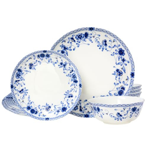 LE POTOCIO Fine Bone China Dinnerware Set for 4, 12-Piece Blue and White Porcelain Dinnerware Set, Dinner Plates and Salad/Dessert Plate Set with Bowls Service for 4 (12, Blue) | Amazon (US)