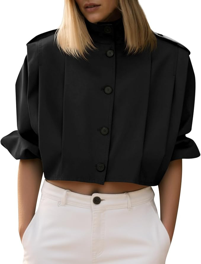 Cicy Bell Womens Cropped Trench Coats Pleated Button Down Short Jackets Fall Casual Lapel Loose F... | Amazon (US)