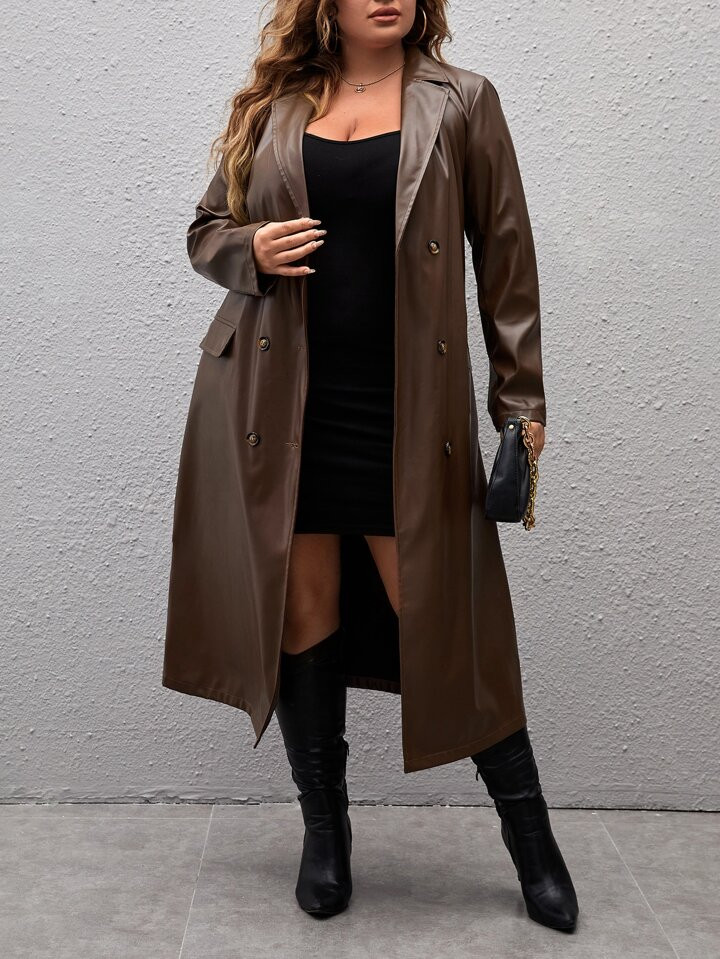 SHEIN SXY Plus Lapel Neck Belted PU Leather Trench Coat | SHEIN
