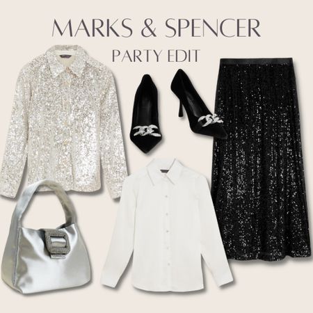 Party outfit inspo from Marks and Spencer with sequin skirts, satin shirts and glitter accessories for Christmas Day Outfits and New Years Eve Outfits #christmasoutfit #festiveoutfit #glitter #sequinskirt #festiveoutfits #skirt #dress #midiskirt 

#LTKSeasonal #LTKHoliday #LTKeurope