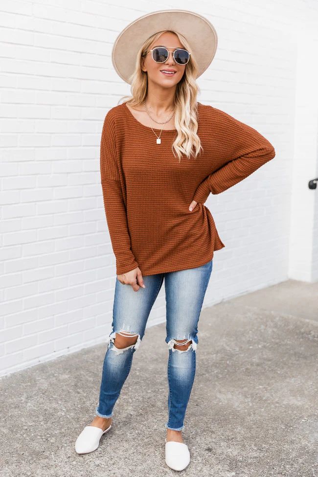 Best Explanation Rust Waffle Knit Long Sleeve Pullover | The Pink Lily Boutique