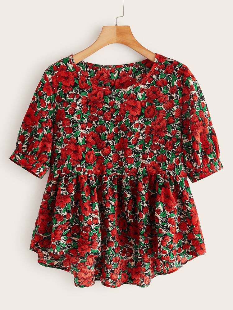 Plus Allover Floral Print Dip Hem Blouse | SHEIN