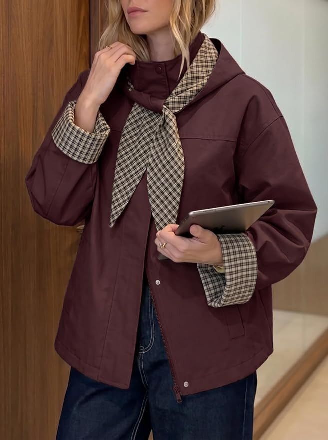 Tankaneo Womens Cropped Trench Coats Fall Jacket with Plaid Detachable Hood | Casual,Mujer,chaque... | Amazon (US)