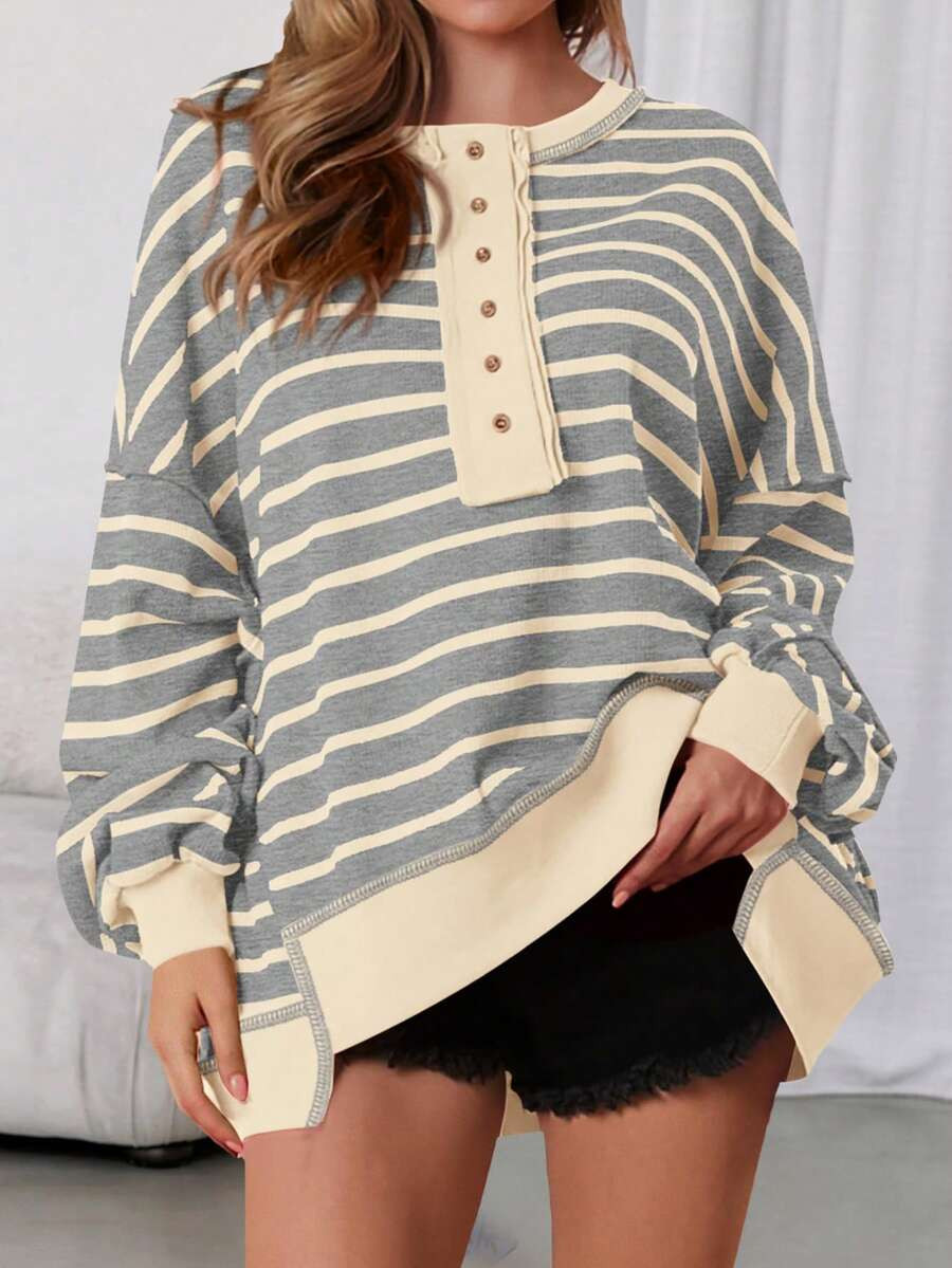 LocalWomens Fall Striped Oversized Sweatshirt Long Sleeve Button Up Henley Neck Waffle Knit Pullo... | SHEIN
