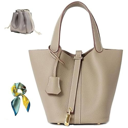 Genuine Cow Hide Leather Bucket Bag for Women with Functional Lock, Classic Designer Inspired Top-Handle Handbag, Small Hand-Carry Tote Purse (Grey) | Amazon (US)