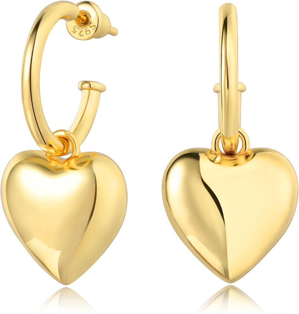 Gold Heart Earrings for Women 18K Gold Vermeil Sterling Silver, Open Hoops Big Puffy Heart Drop D... | Amazon (US)