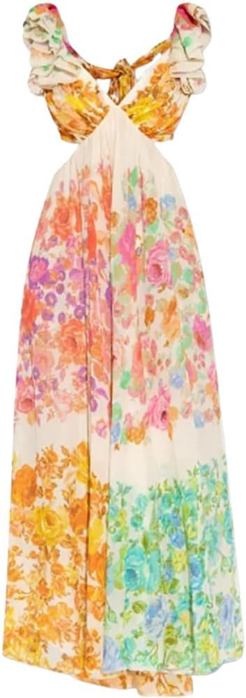 Aurelio Floral Summer Dress, Women's Boho V Neck Floral Midi Dress (Multi-Color,Small) | Amazon (US)