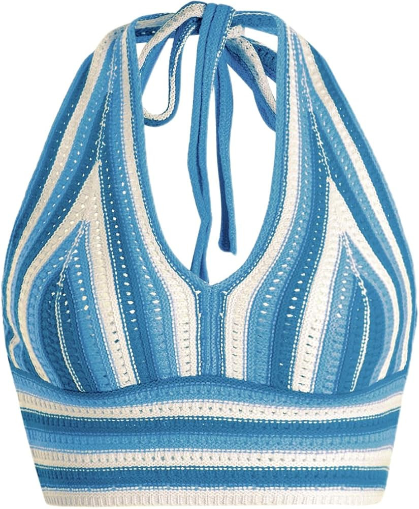 Verdusa Women's Striped Colorblock Tie Backless V Neck Knitted Crop Halter Top | Amazon (US)