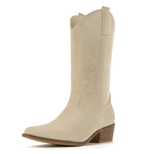 IDIFU Beige Cowboy Boots for Women Cowgirl Western Mid Calf Embroidered Chunky Low Heel Pointed Toe Country Dress Cute Fashion Comfortable Boots Booties(Beige,9.5) | Amazon (US)