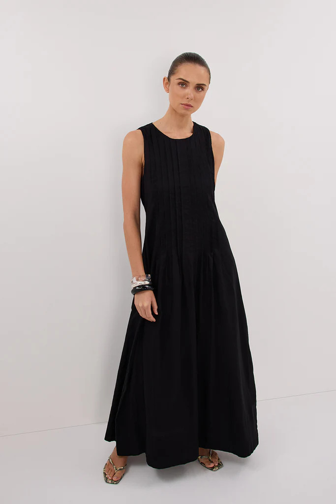 MILO BLACK LINEN BLEND MIDI DRESS | DISSH