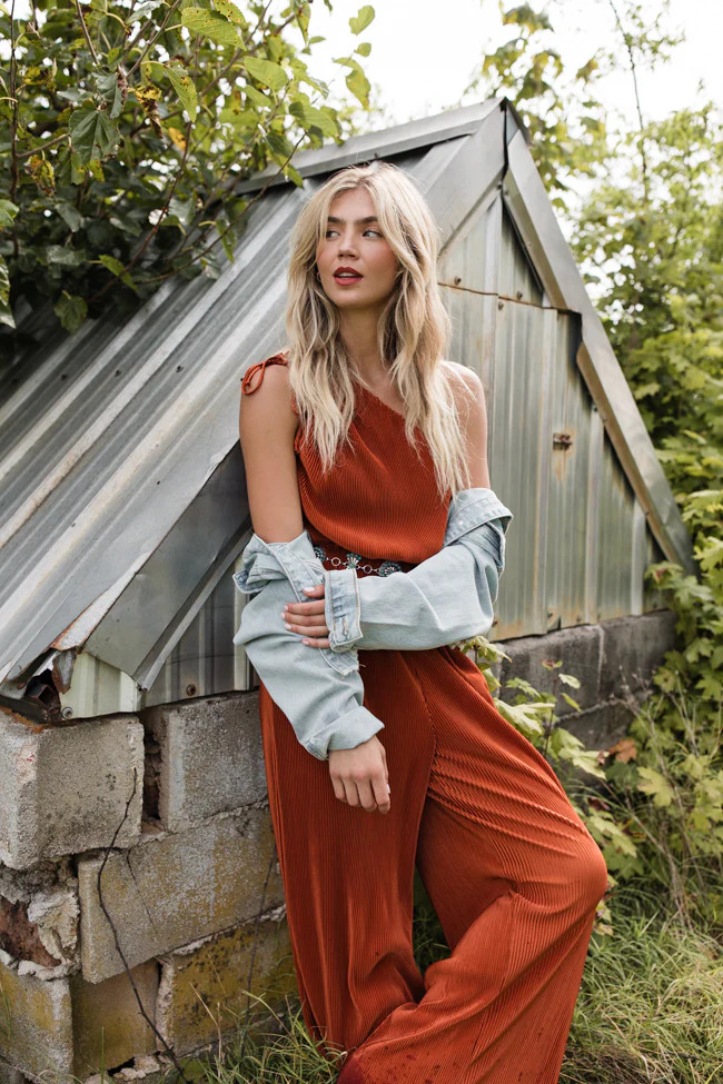 Sent From Above Rust One Shoulder Plisse Jumpsuit | Pink Lily