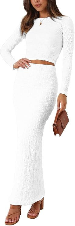 RAISECOM Women's Fall Skirt Set 2 Piece Outfits Longsleeve Dresses Crop Top Maxi Bodycon Skirt Ca... | Amazon (US)