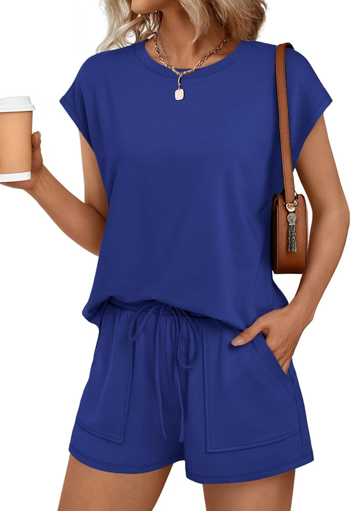 AUTOMET Womens Crew Neck Two Piece Short Sets Cap Sleeve Drawstring Summer Sweatsuit with Pocket | Amazon (US)