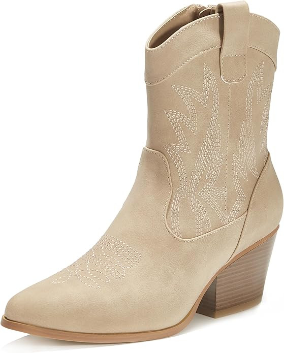 PEPPEP Western Cowgirl Cowboy Ankle Boots for Women or Ladies, Mid Calf, Vegan Leather Embroidere... | Amazon (US)