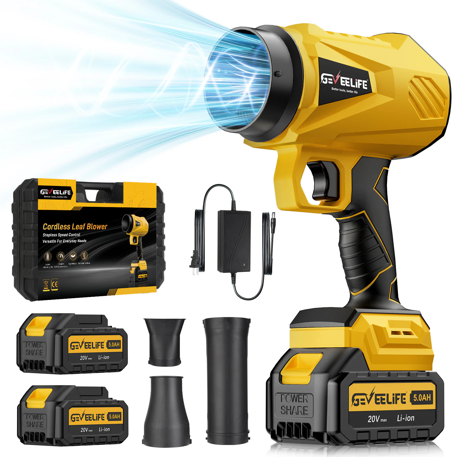 GEVEELIFE Leaf Blower Cordless 600000 RPM Cordless Leaf Blower with 2 5.0Ah Batteries and Charger Handheld Blower for Patio Yellow one_size | Lowe's