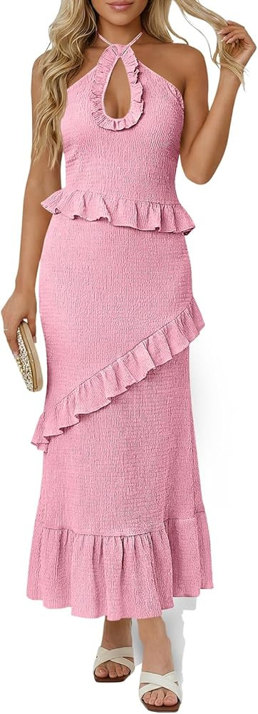 Wenrine Womens Sexy Halter Maxi Dress Cutout Sleeveless Ruffle Tassel Backless Party Club Summer ... | Amazon (US)