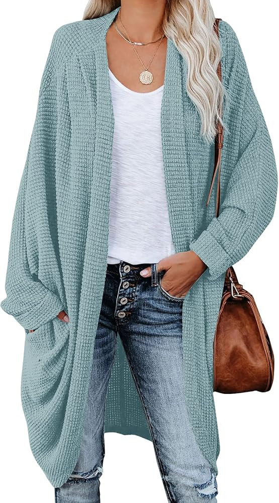 ZoeAce Womens Open Front Knit Cardigan Long Batwing Sleeve Oversized Sweater Chunky Waffle Cable Boh | Amazon (US)