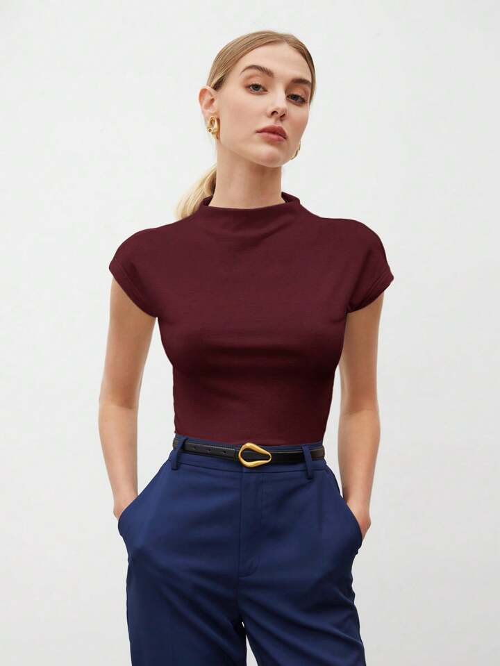 BizChic Women's Solid Color Stand Collar Short Sleeve Minimalist T-Shirt, Casual Daily Wear | SHEIN