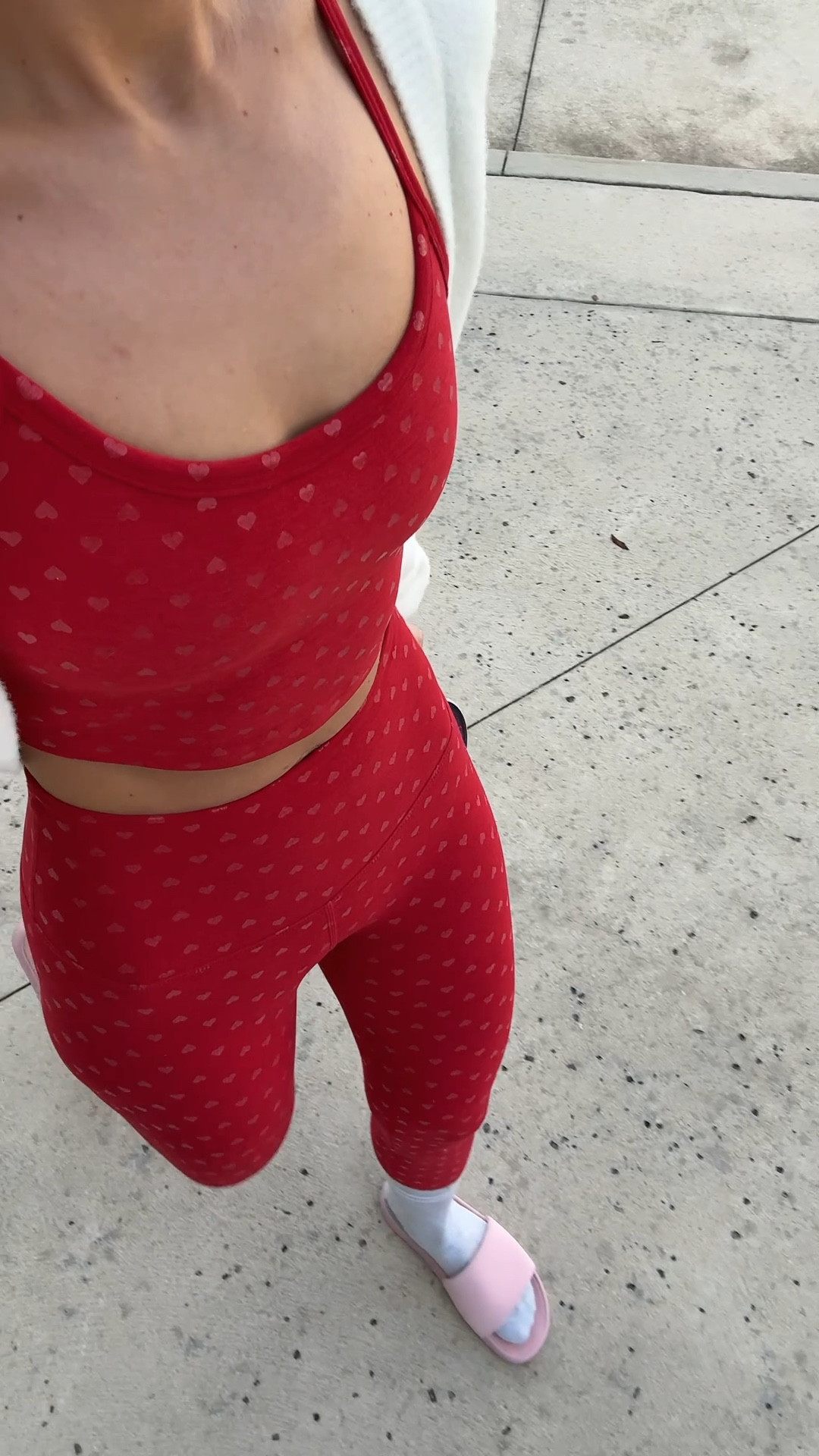 Beyond yoga matching heart workout set. XXS in leggings and XS in top. Lululemon slide sandals. Alo sweater shawl. Alo shrug. Pure barre outfit. Workout outfit. Valentine’s Day workout set. 

#LTKfitnessgoals #LTKootd #LTKActive
