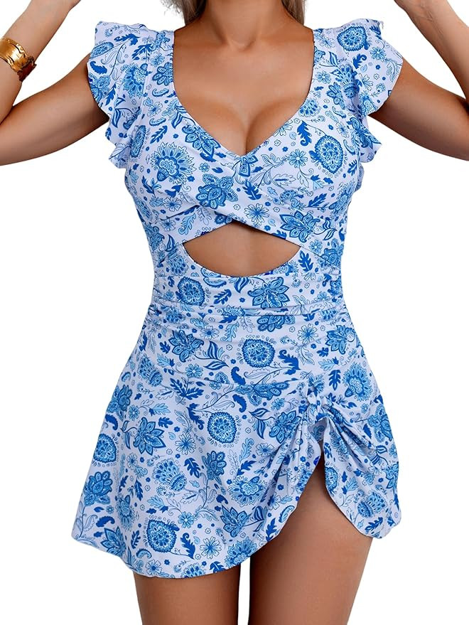 One Piece Swimdress Swimsuit for Women Tummy Control Ruffle Swim Dress Skirt V Neck Cutout Wrap B... | Amazon (US)