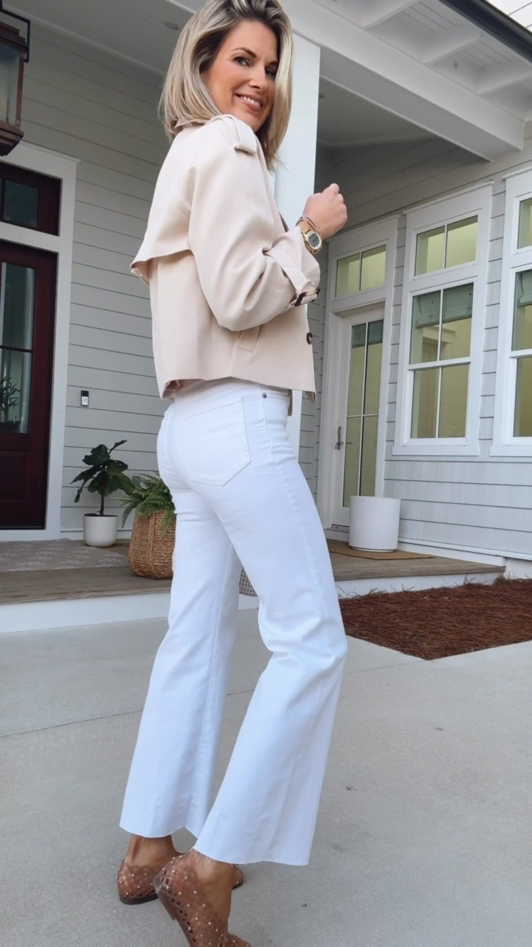 POV: 40 years later you’re wearing jelly shoes again.  I am 5’11” wearing 27 tall white jeans. Small tops.  Shoes true to size.  Date night outfit.  

#LTKOver40 #LTKTall #LTKootd