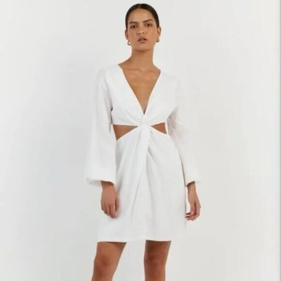 Dissh Tina White Linen Twist Mini Dress Size 4 Cutout Long Sleeve | Poshmark