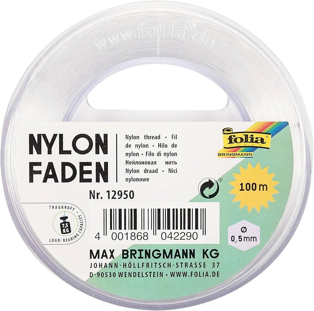 folia 12950 - Nylonfaden auf Spule, ca. 0,5 mm x 100 m, Transparent, Tragkraft 7,5 kg, kaum sicht... | Amazon (DE)