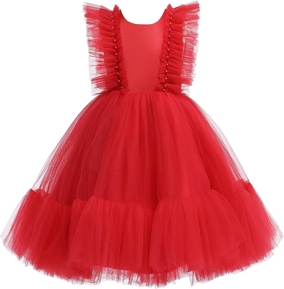 Weileenice Flower Girl Dress Ruffle Tulle Beads Toddler Wedding Pageant Ceremony Birthday Party E... | Amazon (US)