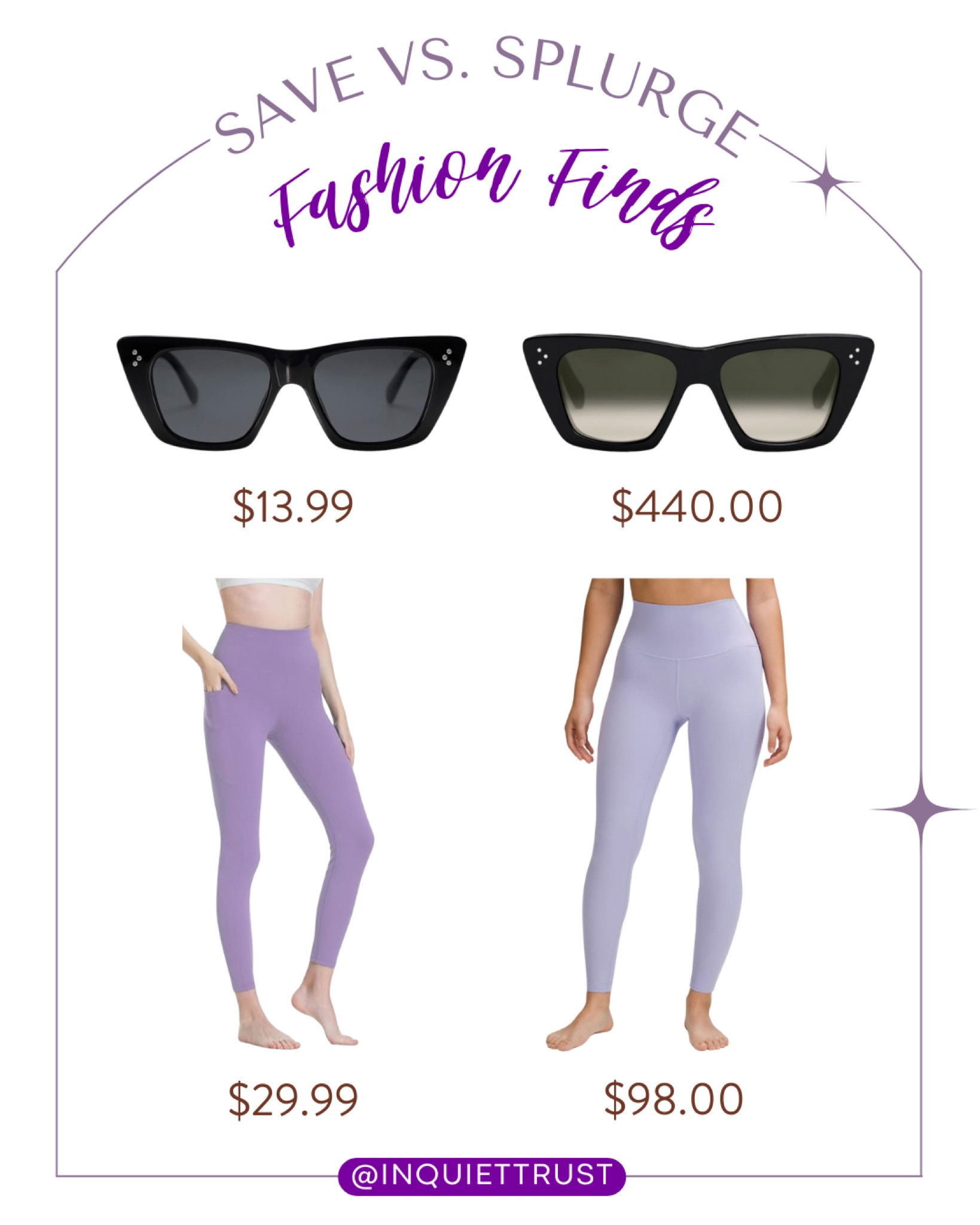 Here are some affordable purple leggings and sunglasses alternatives for you!
#savevssplurge #activewear #eyewearfinds #fashionfinds

#LTKworkwear #LTKstyletip #LTKfindsunder100