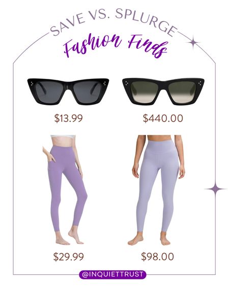 Here are some affordable purple leggings and sunglasses alternatives for you!
#savevssplurge #activewear #eyewearfinds #fashionfinds

#LTKworkwear #LTKstyletip #LTKfindsunder100