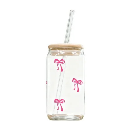 Cute Pink Bow Glass Cups with Lids and Straws, Iced Coffee Cup, Girly Preppy Design Tumbler Mug, Birthday Valentines Christmas Gifts for Women, Teen Girl Gifts Trendy Stuffï¼Hot Pinkï¼ | Walmart (US)