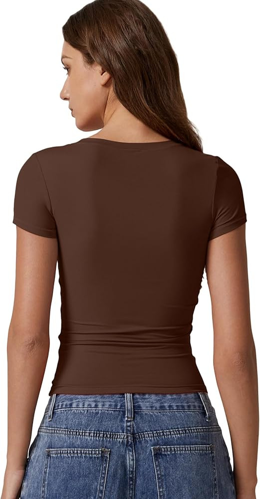 QINSEN Short Sleeve Shirts for Women Round Neck Basic Double Lined Tees Fitted Y2k Crop Tops | Amazon (US)