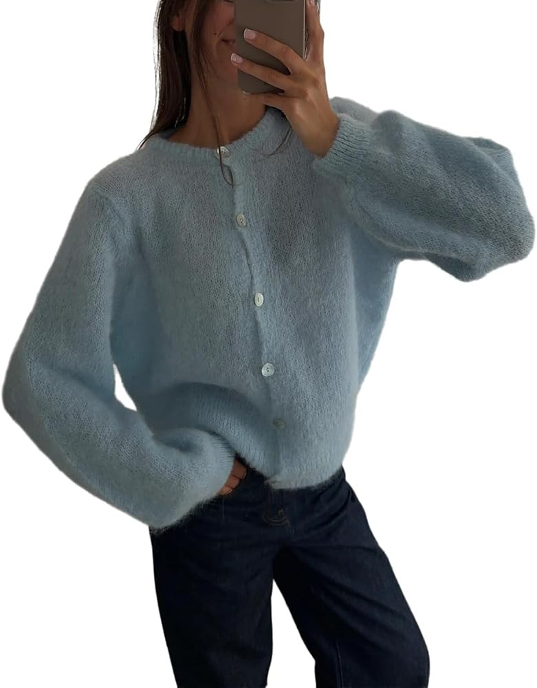 Women's Crewneck Solid Cardigan Casual Button Down Long Sleeve Knitwear Sweater Tops | Amazon (US)