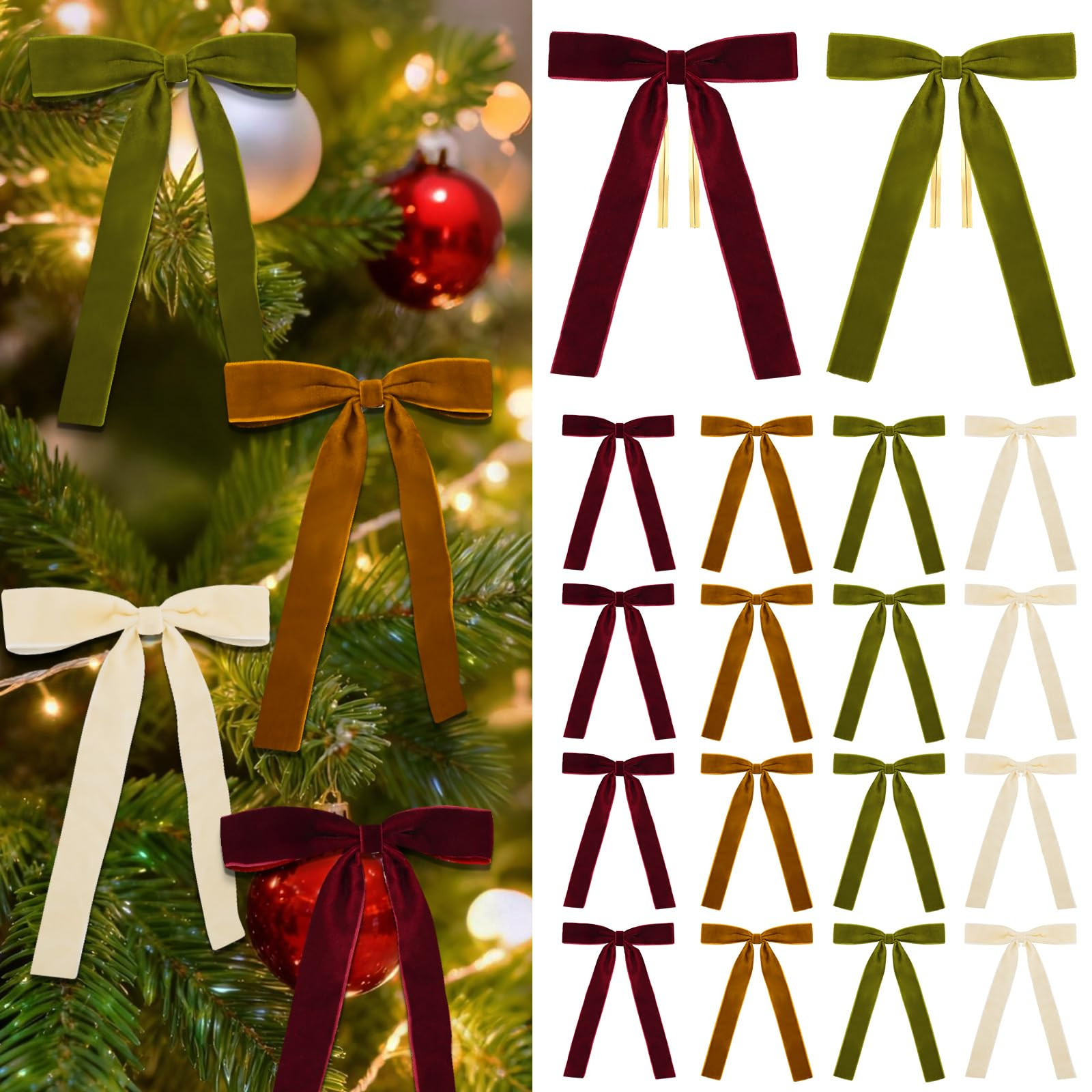 18 Pcs Burgundy, Olive Green, Camel, Beige Velvet Bows for Christmas Tree – Rustic Velvet Chris... | Amazon (US)