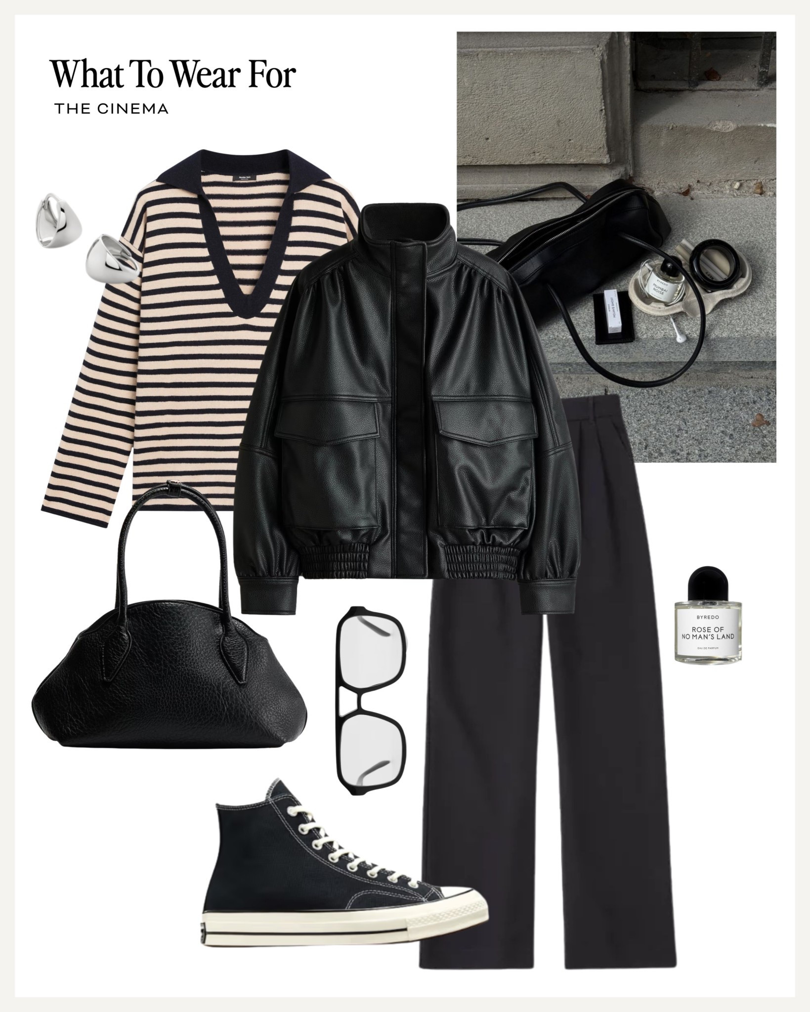 The cinema 

Striped knit / leather jacket / black tailored trousers / converse chucks / spring outfits 

#LTKuk #LTKspring
