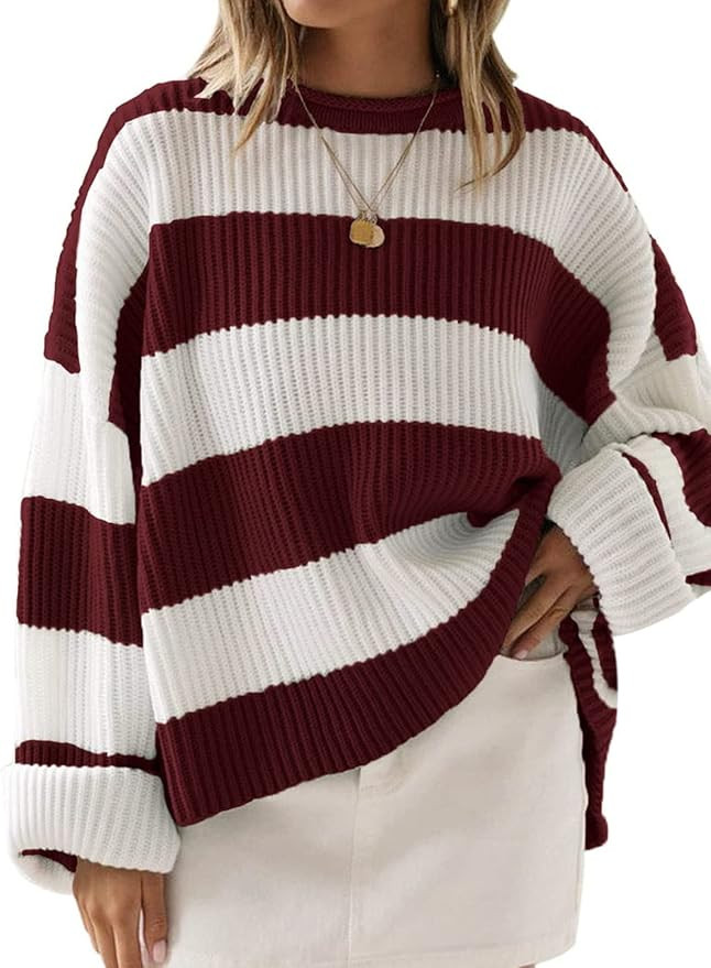 ZESICA Women's 2024 Fall Long Sleeve Crew Neck Striped Color Block Comfy Loose Oversized Knitted ... | Amazon (US)