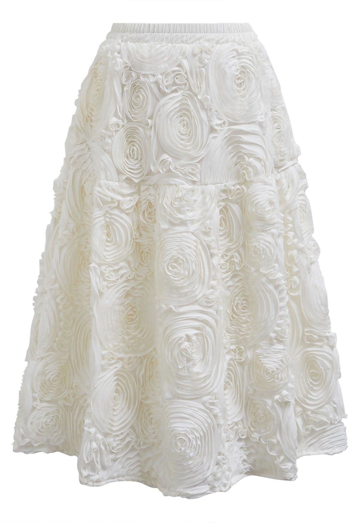 Gorgeous 3D Rose Petal A-Line Midi Skirt in Cream | Chicwish