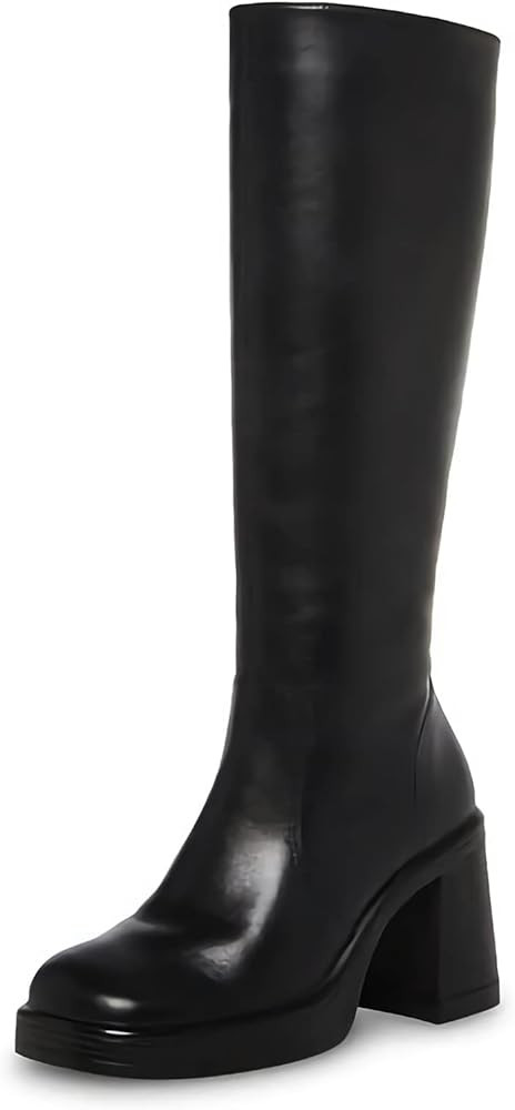 SOVANYOU Black Leather Boots Platform Boots for Women Square Toe Chunky Block Heeled Boots | Amazon (US)