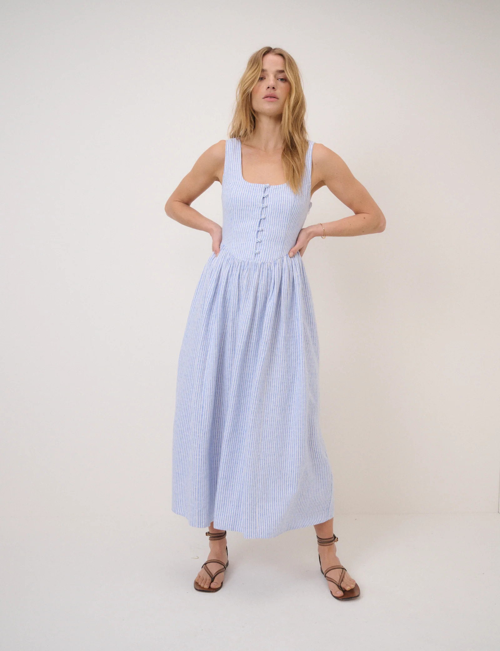 Blue Pinstripe Linen-Blend Drop Waist Cora Midi Dress | Nobody's Child