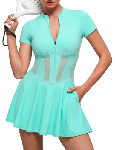 SAUNGKUAI Women's Zip Front Athletic Dress Short Sleeve Sheer Corset Tennis Dresses Built in Bra ... | Amazon (US)