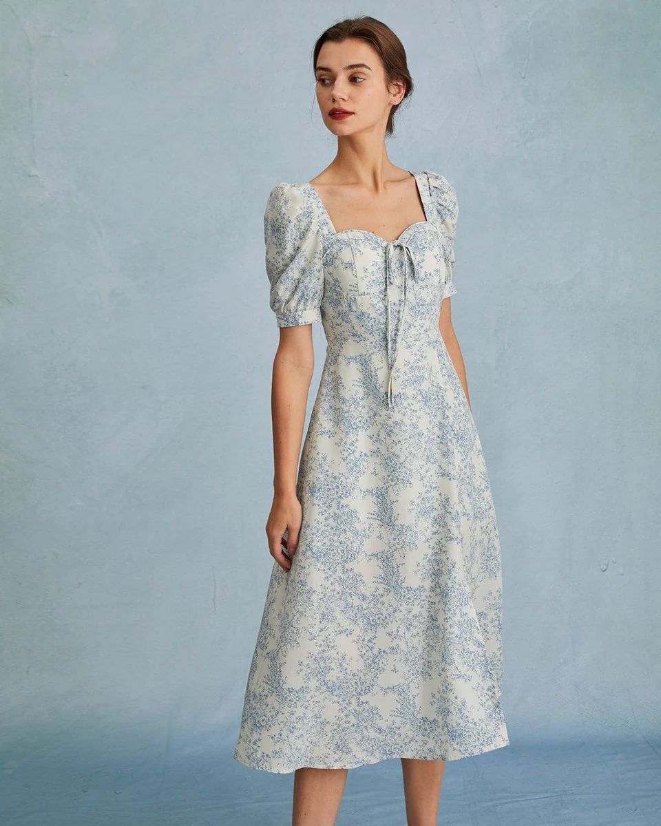 The Blue Sweetheart Neck Puff Sleeve Floral Midi Dress - High Waisted Short Sleeve Tie Midi Dress... | rihoas.com