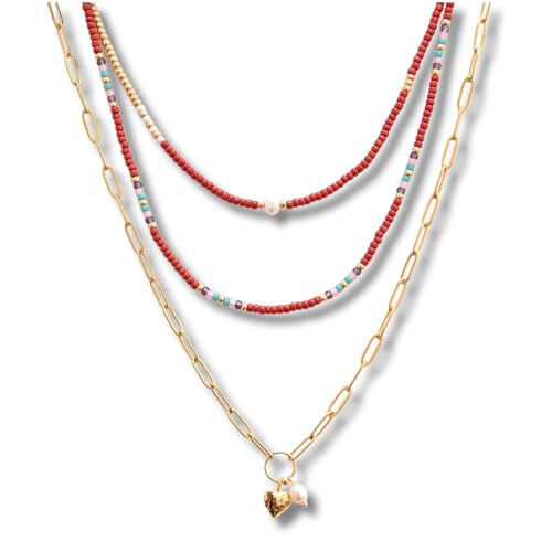 Bohemian Set of 3 Necklaces for Women and Teen Girls, Boho India Adjustable Burgundy Gold and Pearls Layered Beaded Necklaces and 18K Gold Plated Chain Heart and Pearl Pendant Necklace, by Tribes | Amazon (US)